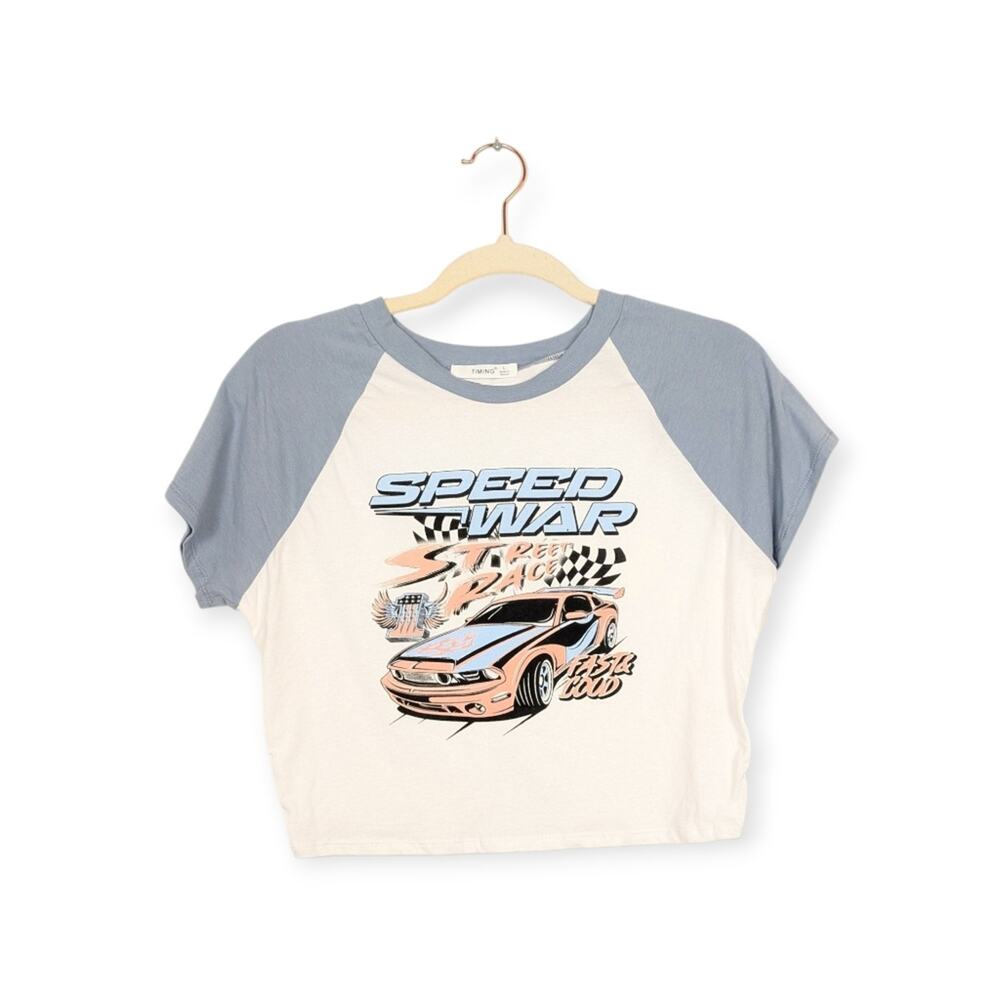 NWT Timing Blue & White Speed War Car Graphic Cropped Tee Size L